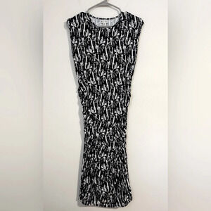 REISS vintage ivory gray black printed midi bodycon dress ruched